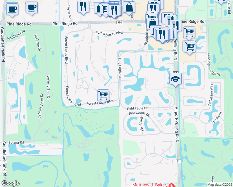 map of restaurants, bars, coffee shops, grocery stores, and more near 1102 Forest Lakes Boulevard in Naples