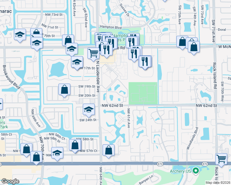 map of restaurants, bars, coffee shops, grocery stores, and more near 2090 Cross Keys Village in North Lauderdale