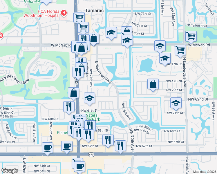 map of restaurants, bars, coffee shops, grocery stores, and more near 7017 Northwest 63rd Court in Tamarac