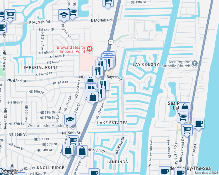 map of restaurants, bars, coffee shops, grocery stores, and more near 5950 Northeast 28th Avenue in Fort Lauderdale