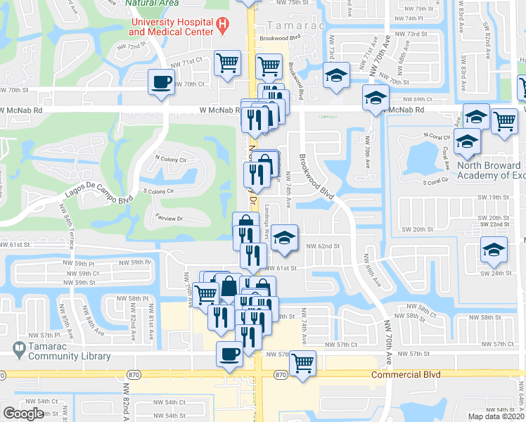 map of restaurants, bars, coffee shops, grocery stores, and more near 6328 Landings Way in Tamarac