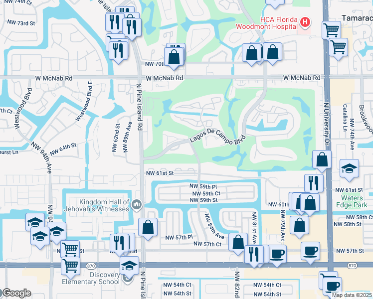 map of restaurants, bars, coffee shops, grocery stores, and more near 8480 Lagos De Campo Boulevard in Tamarac