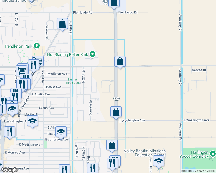 map of restaurants, bars, coffee shops, grocery stores, and more near 905 North Loop 499 in Harlingen