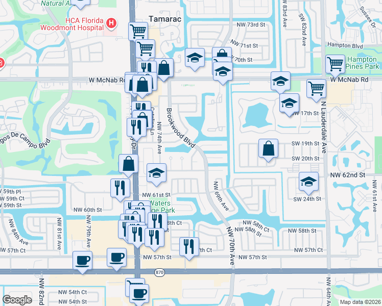 map of restaurants, bars, coffee shops, grocery stores, and more near 7017 Northwest 63rd Court in Tamarac