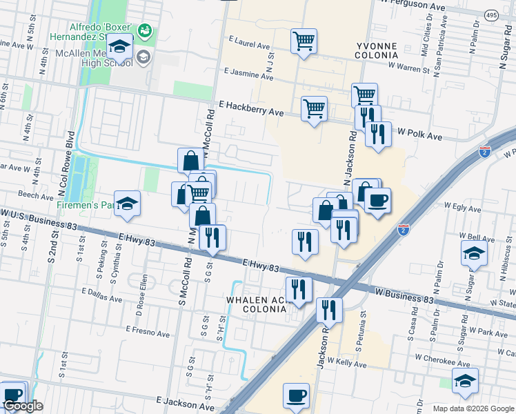 map of restaurants, bars, coffee shops, grocery stores, and more near 407 West Jackson Avenue in McAllen