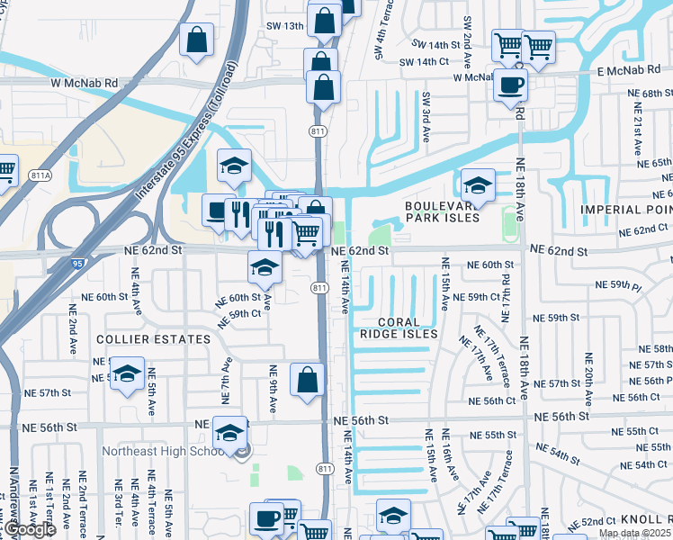map of restaurants, bars, coffee shops, grocery stores, and more near 6131 Northeast 14th Avenue in Fort Lauderdale