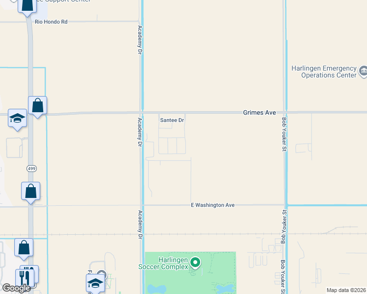 map of restaurants, bars, coffee shops, grocery stores, and more near 3905 East Grimes Street in Harlingen