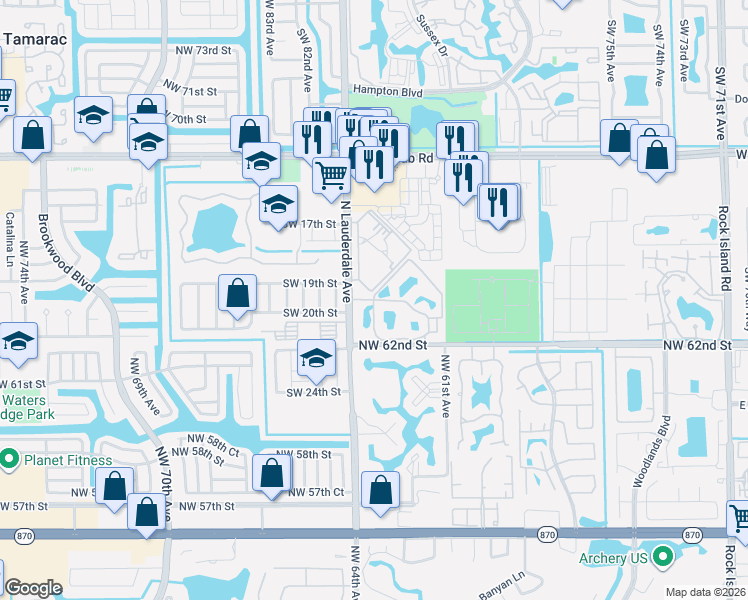 map of restaurants, bars, coffee shops, grocery stores, and more near 1959 Cross Keys Village in North Lauderdale