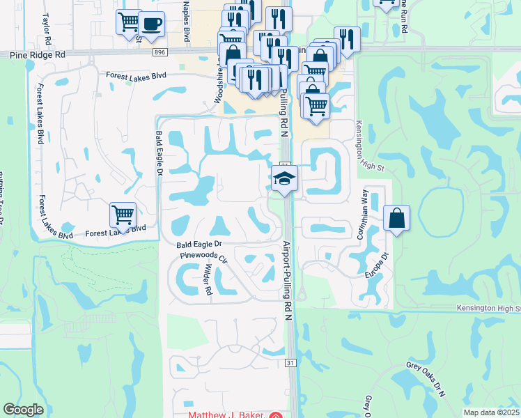 map of restaurants, bars, coffee shops, grocery stores, and more near 105 Bobolink Way in Naples