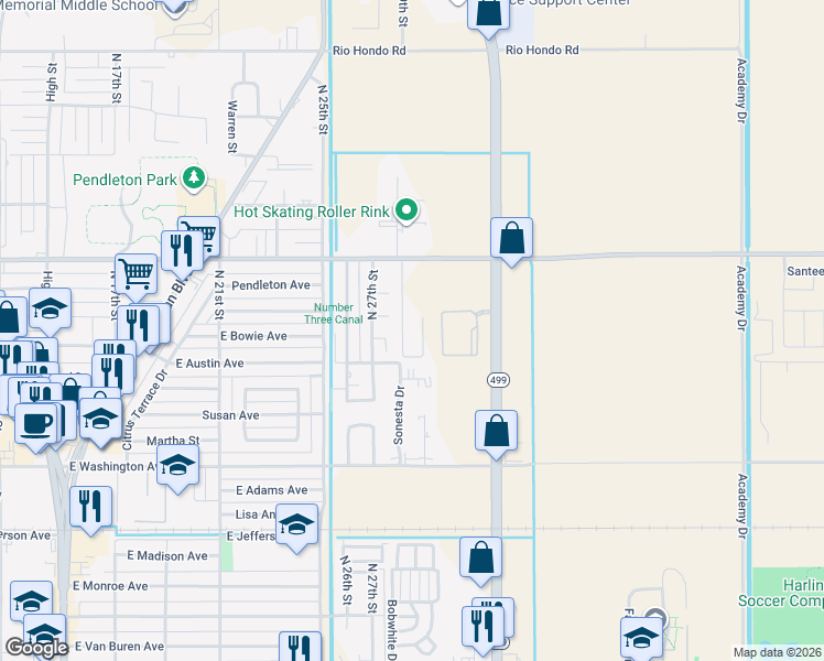 map of restaurants, bars, coffee shops, grocery stores, and more near 2828 East Grimes Street in Harlingen