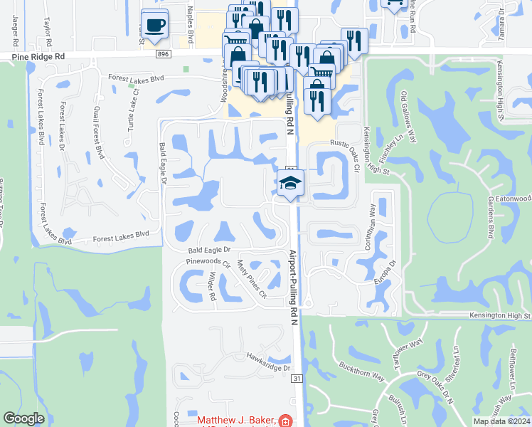 map of restaurants, bars, coffee shops, grocery stores, and more near 105 Bobolink Way in Naples
