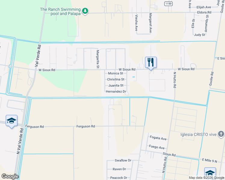 map of restaurants, bars, coffee shops, grocery stores, and more near 744 Juanita Street in Donna