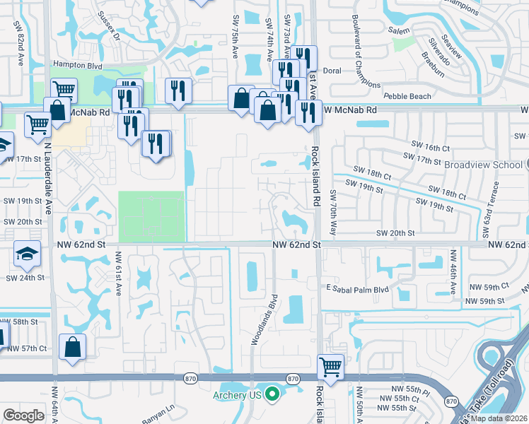 map of restaurants, bars, coffee shops, grocery stores, and more near 1905 Players Place in North Lauderdale