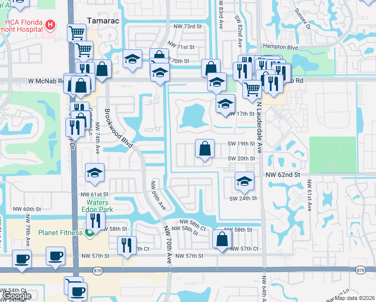 map of restaurants, bars, coffee shops, grocery stores, and more near 8505 Southwest 19th Street in North Lauderdale