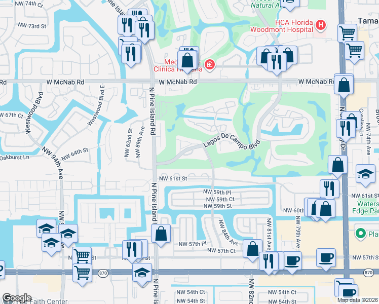 map of restaurants, bars, coffee shops, grocery stores, and more near 8401 Lagos De Campo Boulevard in Tamarac