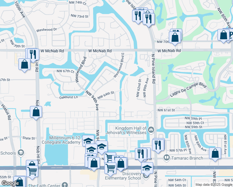 map of restaurants, bars, coffee shops, grocery stores, and more near 9239 Wedgewood Way in Tamarac