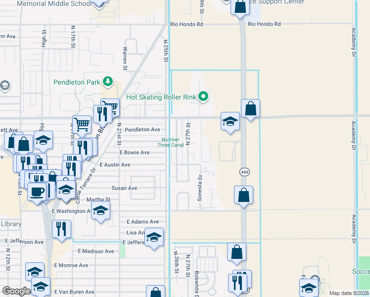 map of restaurants, bars, coffee shops, grocery stores, and more near 1013 North 27th Street in Harlingen
