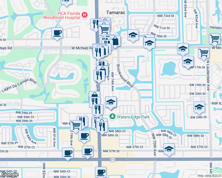 map of restaurants, bars, coffee shops, grocery stores, and more near 6317 Northwest 74th Avenue in Tamarac