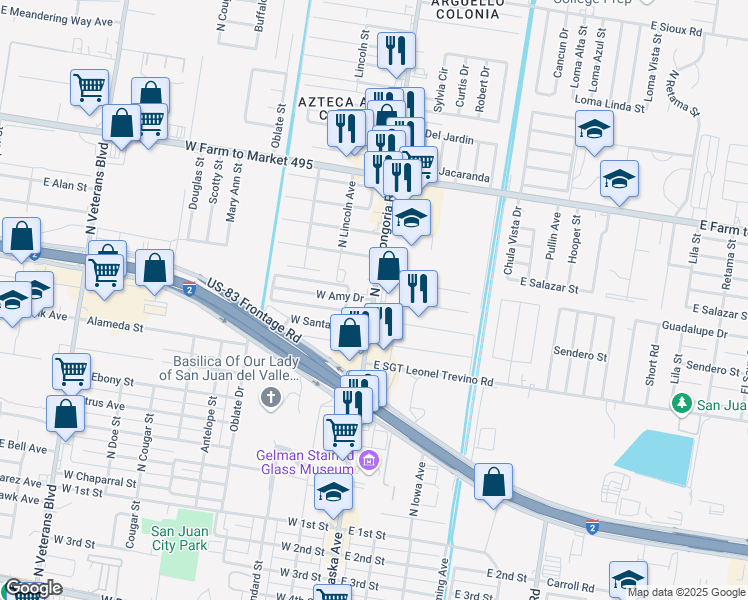 map of restaurants, bars, coffee shops, grocery stores, and more near 1401 North Raul Longoria Road in San Juan