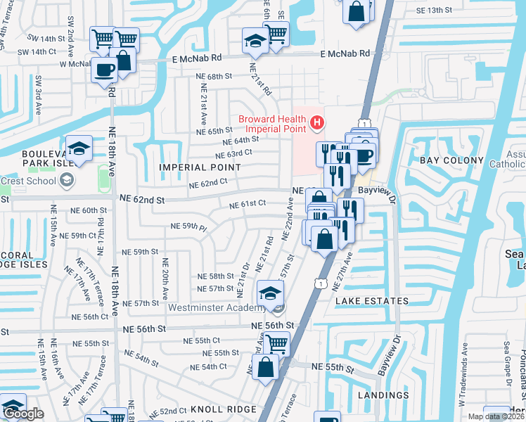 map of restaurants, bars, coffee shops, grocery stores, and more near 2177 Northeast 61st Court in Fort Lauderdale
