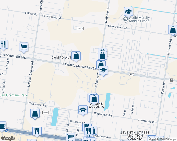 map of restaurants, bars, coffee shops, grocery stores, and more near 907 South Alamo Road in Alamo