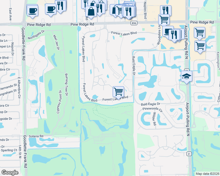 map of restaurants, bars, coffee shops, grocery stores, and more near 1057 Forest Lakes Drive in Naples
