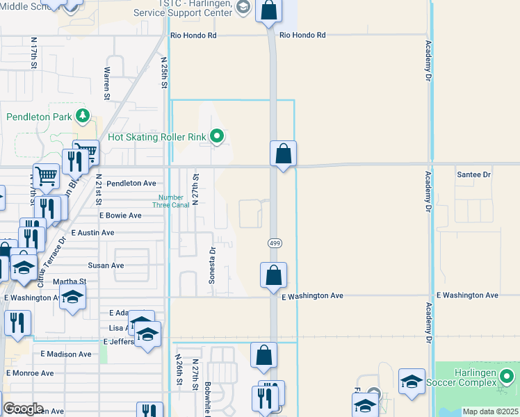 map of restaurants, bars, coffee shops, grocery stores, and more near 905 Texas 499 Loop in Harlingen