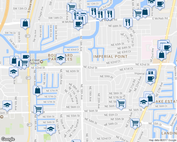 map of restaurants, bars, coffee shops, grocery stores, and more near 6021 Northeast 19th Terrace in Fort Lauderdale