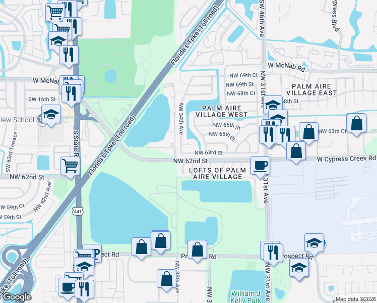 map of restaurants, bars, coffee shops, grocery stores, and more near 3380 Northwest 64th Street in Fort Lauderdale
