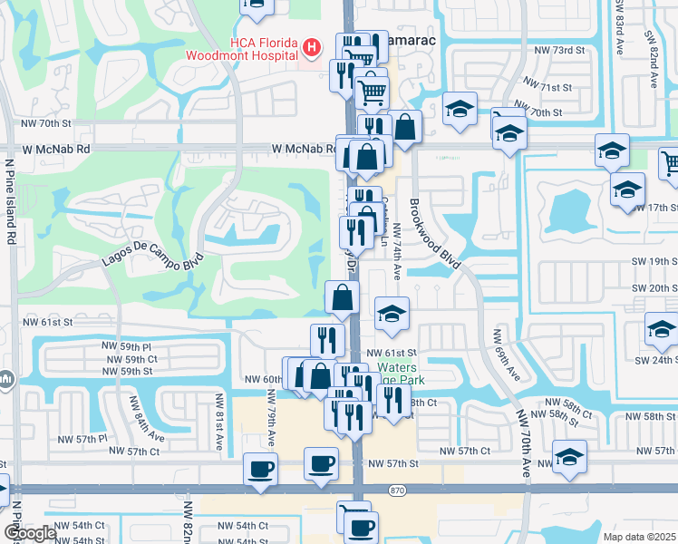 map of restaurants, bars, coffee shops, grocery stores, and more near 6401 North University Drive in Tamarac