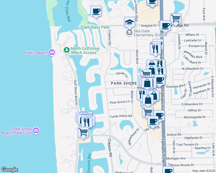 map of restaurants, bars, coffee shops, grocery stores, and more near 504 Parkwood Lane in Naples