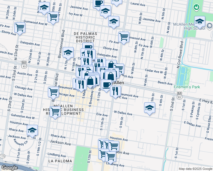map of restaurants, bars, coffee shops, grocery stores, and more near 104 North 12th Street in McAllen