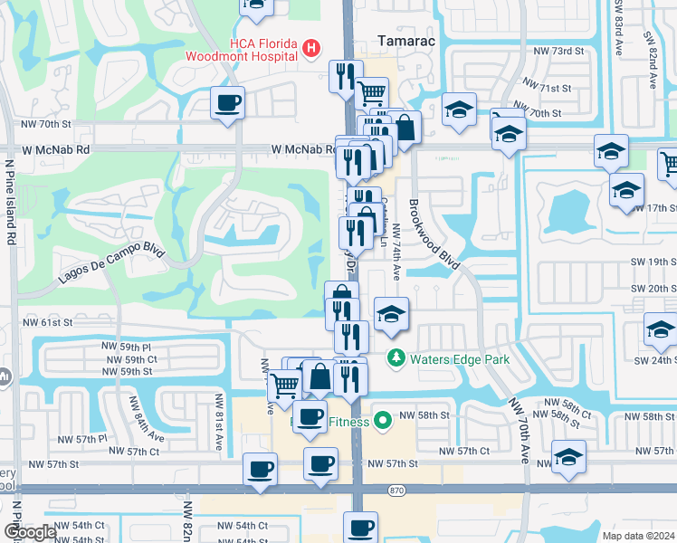 map of restaurants, bars, coffee shops, grocery stores, and more near 6351 North University Drive in Tamarac