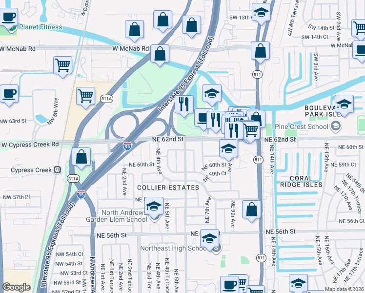 map of restaurants, bars, coffee shops, grocery stores, and more near 571 Northeast 61st Street in Fort Lauderdale