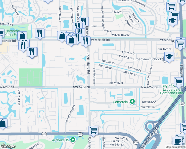 map of restaurants, bars, coffee shops, grocery stores, and more near 1812 Adventure Place in North Lauderdale
