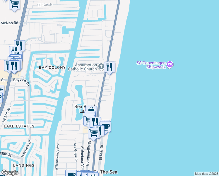 map of restaurants, bars, coffee shops, grocery stores, and more near 5450 North Ocean Boulevard in Lauderdale-by-the-Sea