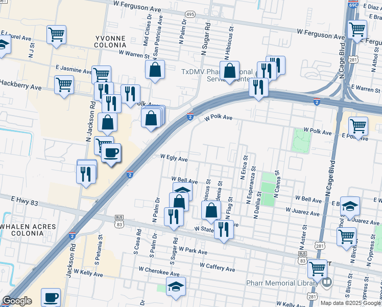 map of restaurants, bars, coffee shops, grocery stores, and more near 700 North Sugar Road in Pharr