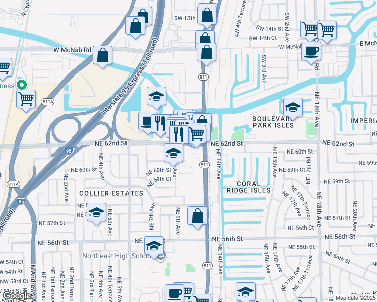 map of restaurants, bars, coffee shops, grocery stores, and more near 6217 Northeast 9th Avenue in Fort Lauderdale