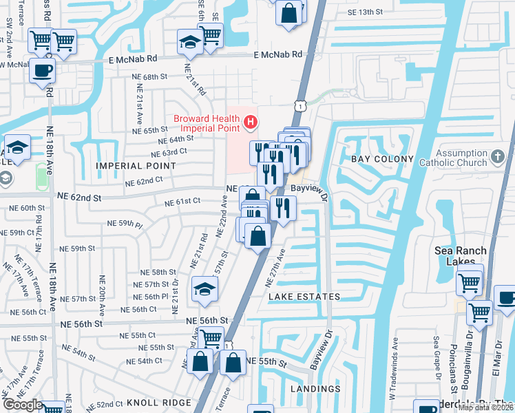 map of restaurants, bars, coffee shops, grocery stores, and more near 2271 Northeast 61st Court in Fort Lauderdale