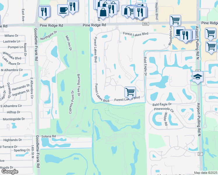 map of restaurants, bars, coffee shops, grocery stores, and more near 1053 Forest Lakes Drive in Naples