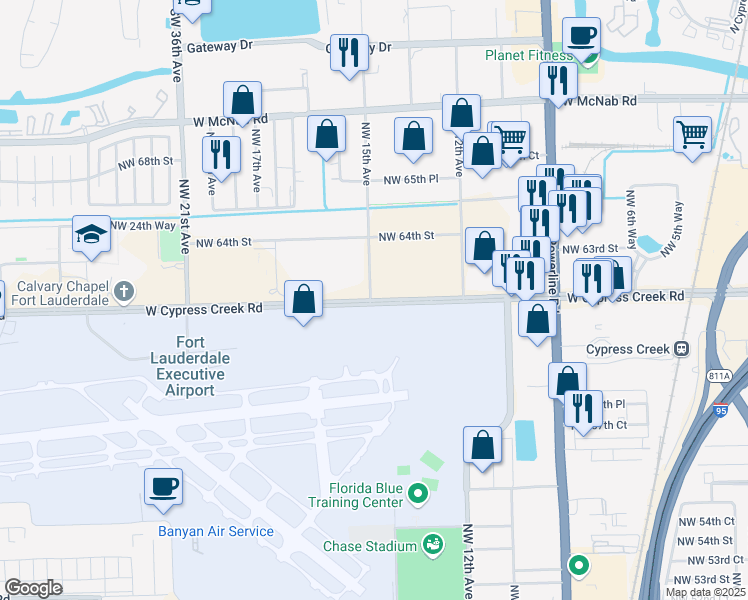map of restaurants, bars, coffee shops, grocery stores, and more near 1451 West Cypress Creek Road in Fort Lauderdale