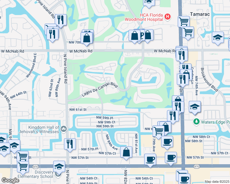 map of restaurants, bars, coffee shops, grocery stores, and more near 8328 Lagos De Campo Boulevard in Tamarac