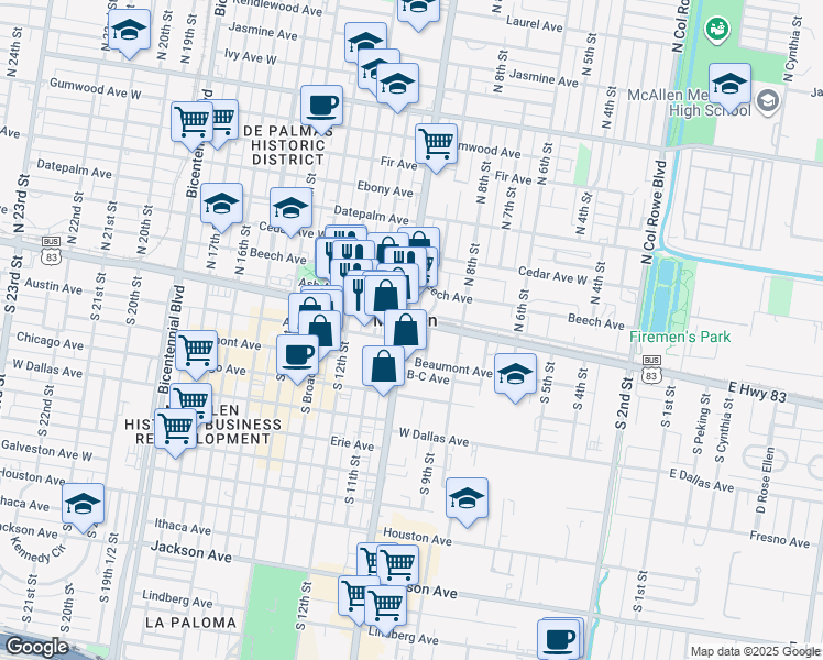 map of restaurants, bars, coffee shops, grocery stores, and more near in McAllen