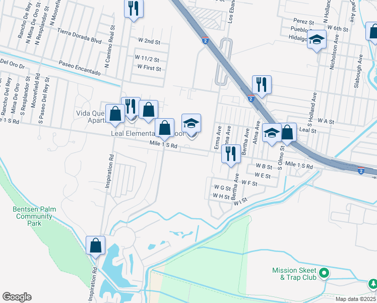 map of restaurants, bars, coffee shops, grocery stores, and more near 318 South Los Ebanos Road in Mission