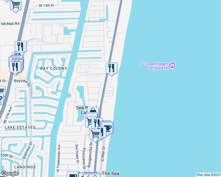 map of restaurants, bars, coffee shops, grocery stores, and more near 5450 North Ocean Boulevard in Lauderdale-by-the-Sea