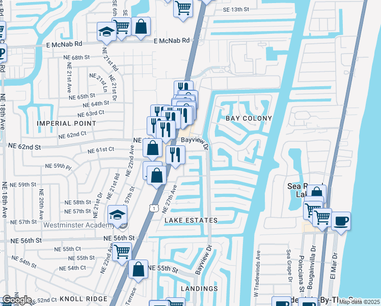 map of restaurants, bars, coffee shops, grocery stores, and more near 2815 Northeast 60th Street in Fort Lauderdale