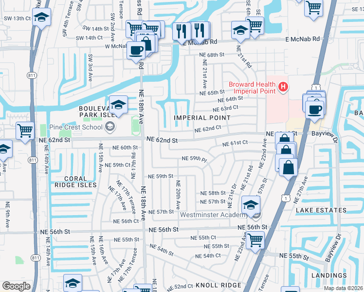map of restaurants, bars, coffee shops, grocery stores, and more near 2010 East Cypress Creek Road in Fort Lauderdale