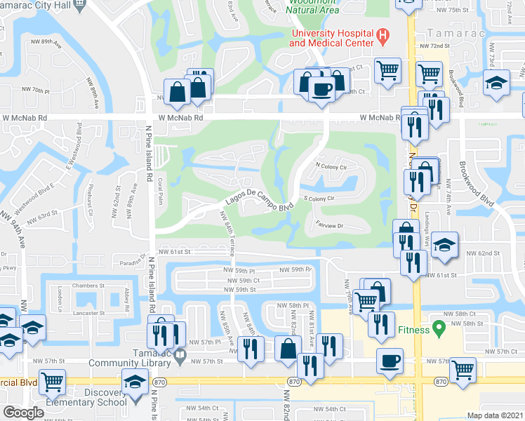 map of restaurants, bars, coffee shops, grocery stores, and more near 8856 West McNab Road in Tamarac