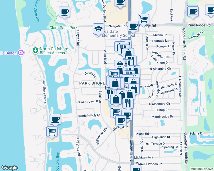 map of restaurants, bars, coffee shops, grocery stores, and more near 4651 West Boulevard in Naples