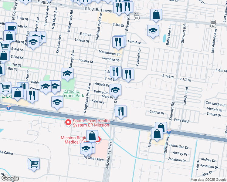 map of restaurants, bars, coffee shops, grocery stores, and more near 104 Bryan Road in Mission